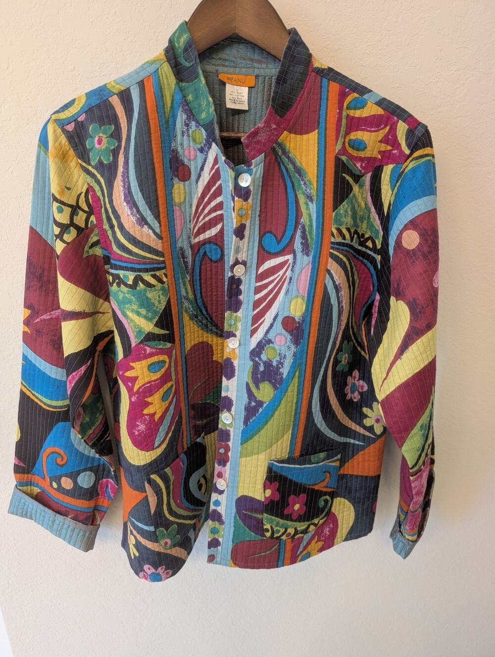 ANU Vibrant Silk Blend Reversible Lightweight Quilted Jacket Artsy Boho Sz